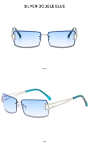 Front and side views of silver rimless rectangular Y2K sunglasses with blue gradient lenses
