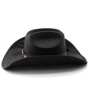 Detail of woven black cowboy hat with faux leather band and silver metal studs
