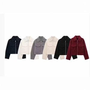 Damen Crop Wolljacke Reißverschluss Umlegekragen Große Taschen Lässige Langarm Tweed Fleece Oberbekleidung Mantel