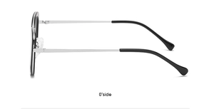 Side view of retro cat-eye glasses showing silver metal temples and black frame tips