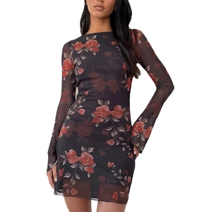 Eng anliegendes Blumenkleid aus Mesh mit langen Ärmeln und Vintage-Rosenmuster