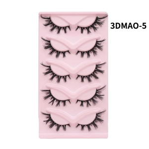 Macro shot of 5 pairs of thick cat-eye 3D false eyelashes with black cotton band