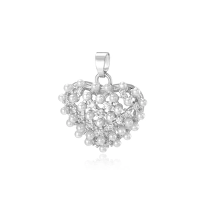 Elegant silver heart pendant with white pearls and sparkling zircons on white background