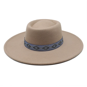 Khaki wool fedora detail with navy blue geometric ethnic pattern ribbon trim