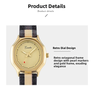 Detail of vintage octagonal gold watch case with striped canvas strap and champagne dial