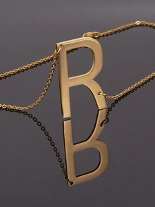 Detailed close-up of 18K gold stainless steel necklace with capital letter R pendant