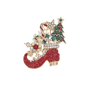Festliche Weihnachtsbrosche mit Strass-Tannenbaum, rotem Stiefel und goldener Zuckerstange