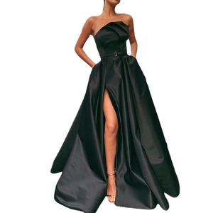 Elegant black strapless satin evening gown with high slit and waist belt details