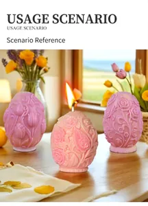 Dettaglio di candele a forma di uovo con motivi floreali di tulipani e rose incisi