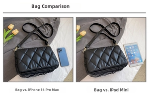 Size comparison of black quilted crossbody bag fitting an iPad mini and smartphone