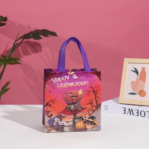 Purple non-woven Halloween gift bag with Happy Halloween pumpkin and ghost prints