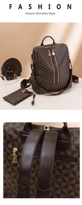 Macro detail of geometric print backpack and matching pouch with gold zippers