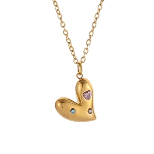 Golden titanium steel necklace with heart pendant and multicolor zircon gemstones on white
