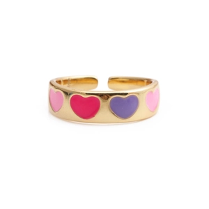 Detail of gold adjustable ring with pink and purple enamel heart charms on band