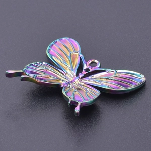 Detailed macro view of rainbow butterfly pendant with iridescent metallic finish for DIY jewelry