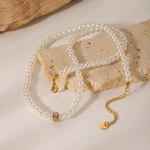French style stainless steel pearl necklace with gold ring pendant and lobster clasp
