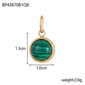 Detailed view of malachite birthstone pendant in gold setting with size and weight specs