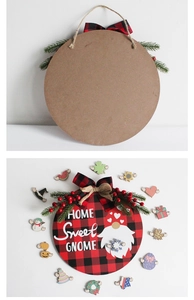 Front and back detail of wooden welcome sign with gnome theme and buffalo plaid