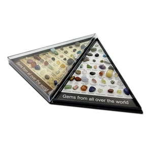 Triangle display box with 36 assorted natural crystal and mineral gemstone specimens