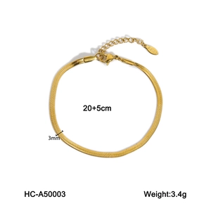 Detailed 3mm gold snake chain anklet showing 20+5cm length and 3.4g weight specifications