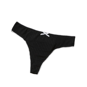 Women's black ribbed thong with white contrast piping and delicate ribbon bow detail