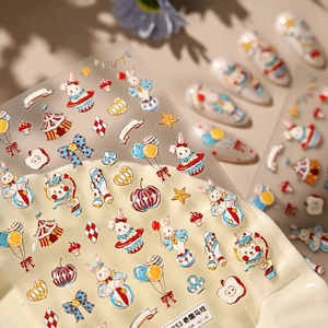 Vintage circus rabbit nail stickers with tent and balloon designs on warm background