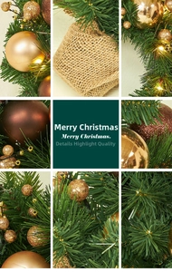 Detail of Christmas tree with golden ornaments, pine needles and burlap base texture