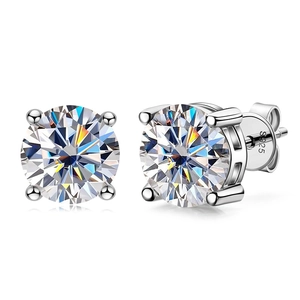 2-carat D color moissanite stud earrings in 925 sterling silver with front and side views
