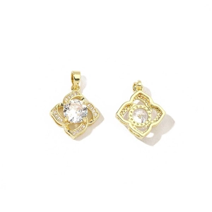 Detailed front and back view of a gold clover pendant with sparkling cubic zirconia stones