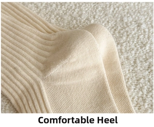 Close-up of beige ribbed knit cotton socks showing ergonomic reinforced heel detail
