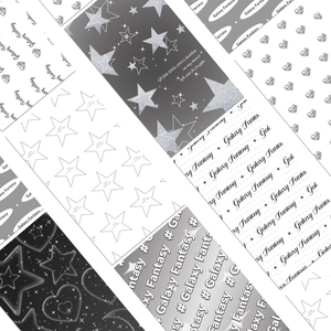 Detail of waterproof phone card stickers with metallic stars, hearts and moon patterns
