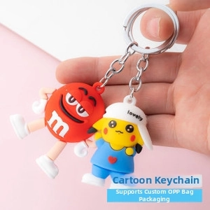 Close-up of Pikachu in blue overalls and red M&M's cartoon figure keychains