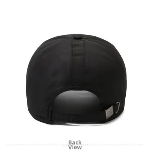 Rear view of black quick-dry baseball cap featuring breathable mesh and adjustable metal buckle