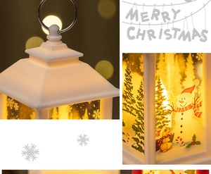 Detail of white Christmas lantern showing glowing snowman patterns and top ring