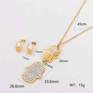 Hamsa-Hand-Schmuckset aus Edelstahl mit Vergoldung und Strasssteinen inklusive Maßen