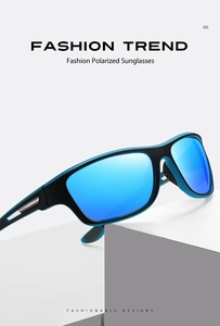 Detail view of polarized sports sunglasses with blue mirror lenses and black-blue frame