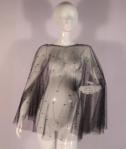 Detail of sheer black maternity photography mesh shawl with elegant beaded pearls