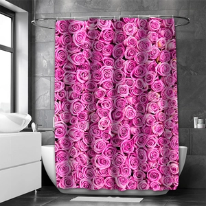 Pink rose floral waterproof polyester shower curtain set for bathroom decoration