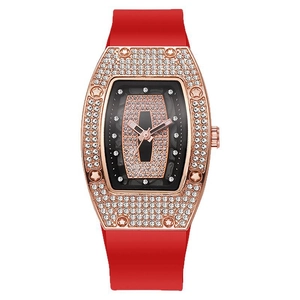 Luxury rose gold tonneau watch for women with red silicone strap and crystal-encrusted dial