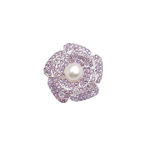 Zinc alloy silver flower brooch with purple rhinestones and a central white pearl inlay