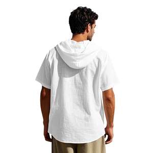Men's white linen short sleeve hooded shirt with a loose fit from a clean back view angle