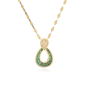 Gold-plated teardrop pendant necklace for women with green zircon and white crystals