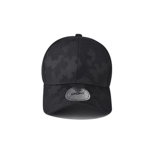 Macro shot of black camouflage baseball cap with hard structured front and sport sticker