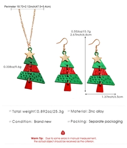 Detailed size chart showing dimensions for alloy Christmas tree necklace and earrings set