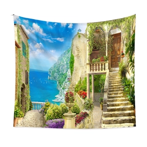Close-up of Mediterranean seaside town scenery printed on polyester wall tapestry