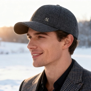 Casquette de baseball en laine pour homme avec cache-oreilles, gris foncé texturé avec logo