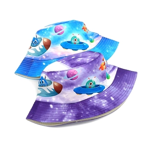 Kids cartoon space bucket hat with spaceship and monster prints in blue and purple