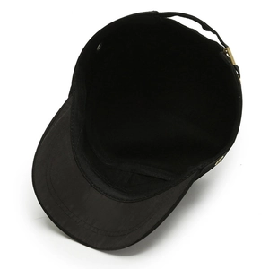 Black cotton flat top military cap with adjustable vintage bronze buckle and durable fabric