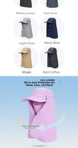 Detail of 360 degree sun protection hat with face and neck covers in multiple colors