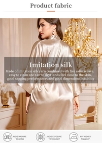 Detail of champagne gold silk-like satin robe showing back view and premium fabric texture